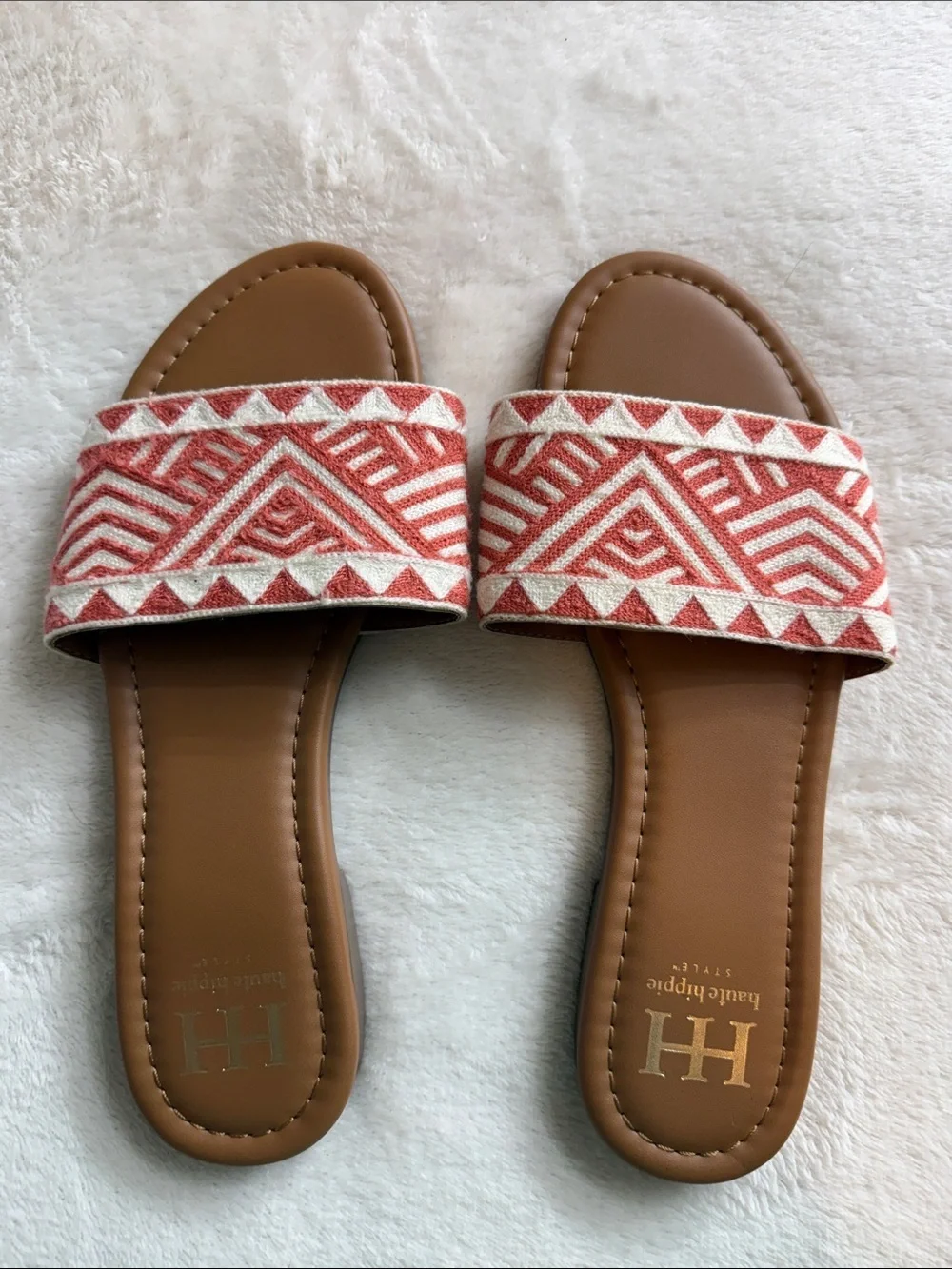 Haute Hippie Coral and Cream Embroidered Boho Slide Sandals Size 9